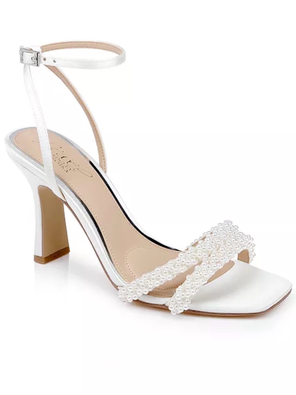 Jewel Badgley Mischka Ivory Pearl-Embellished Ankle-Strap Heels